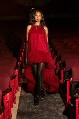 ARI TULLE HIGH LOW DRESS IN BURGUNDY