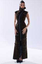 NOW YOU SEE ME VELVET DENIM MAXI DRESS