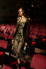 SOFIA VELVET FRINGE PRINTED MIDI DRESS