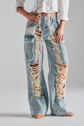 ALMA DISTRESSED DENIM CARGO PANTS