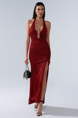SERPENTI PLUNGE MAXI DRESS IN METALLIC BURGUNDY