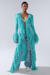 BURRR IT'S COLD OUTSIDE FRINGE OVERSIZED SWEATER IN TURQUOISE