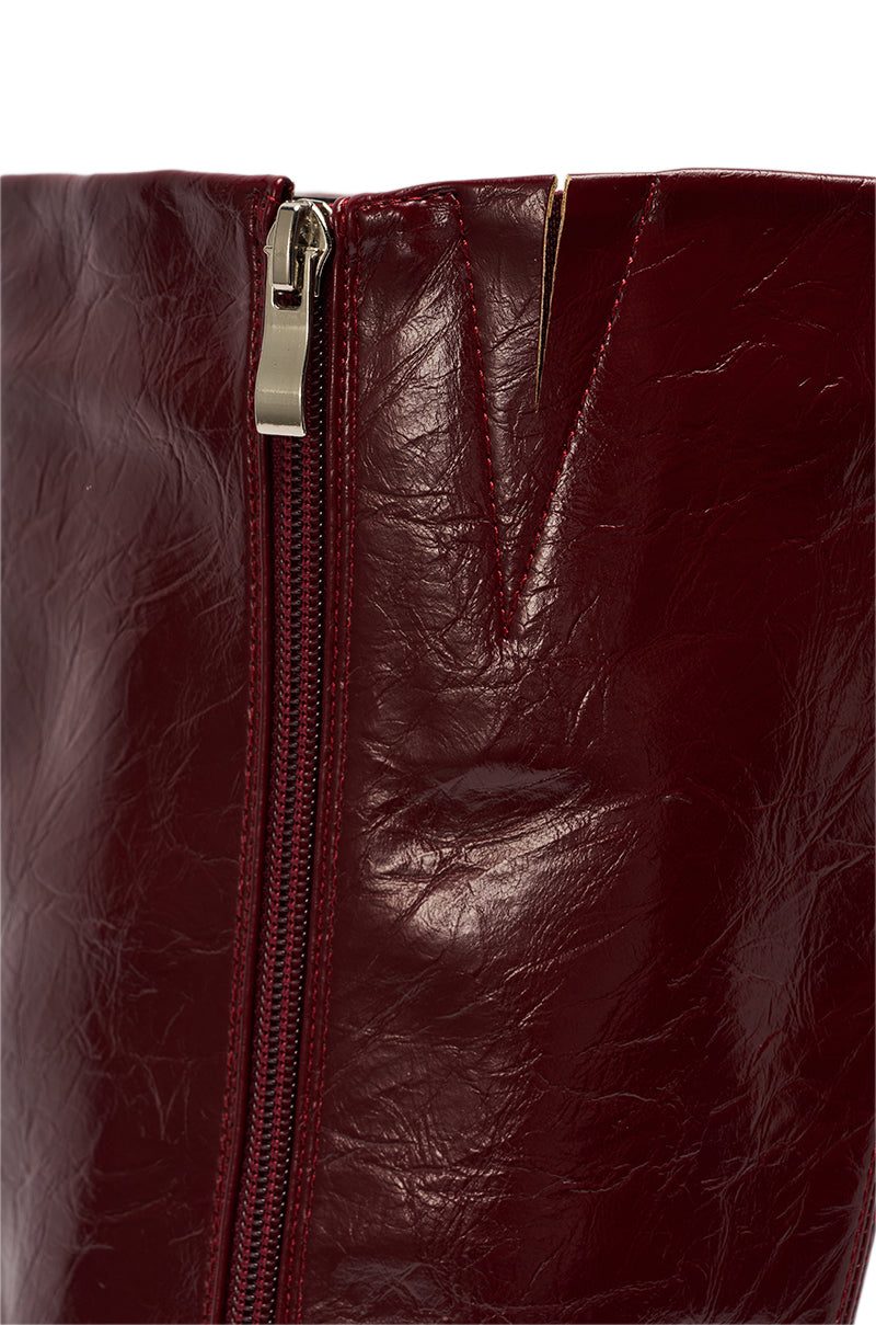 AZALEA WANG AMAADIS BURGUNDY WEDGE KNEE HIGH BOOT