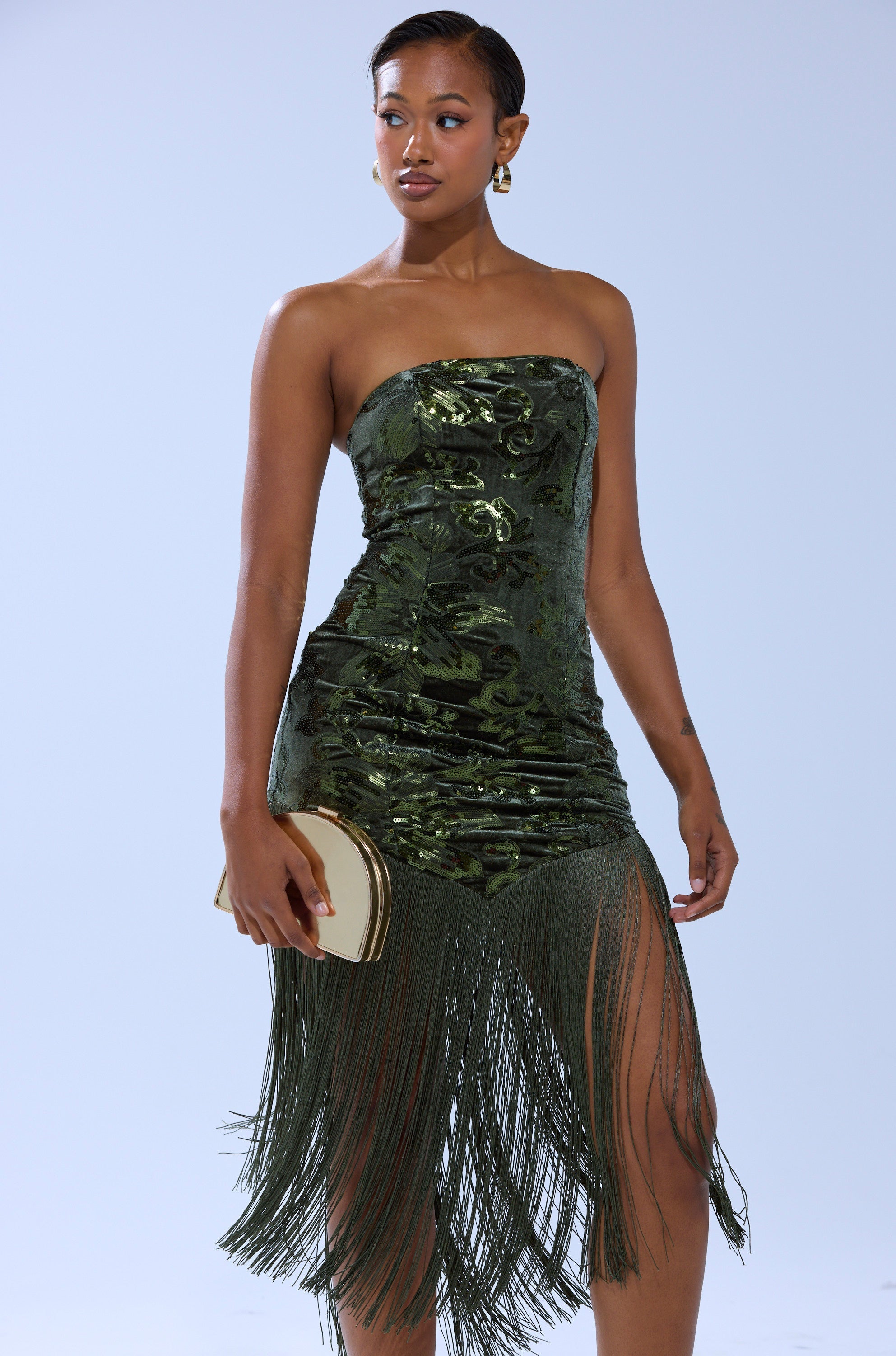 SOFIA VELVET FRINGE PRINTED MIDI DRESS