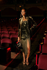 SOFIA VELVET FRINGE PRINTED MIDI DRESS