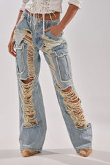 ALMA DISTRESSED DENIM CARGO PANTS
