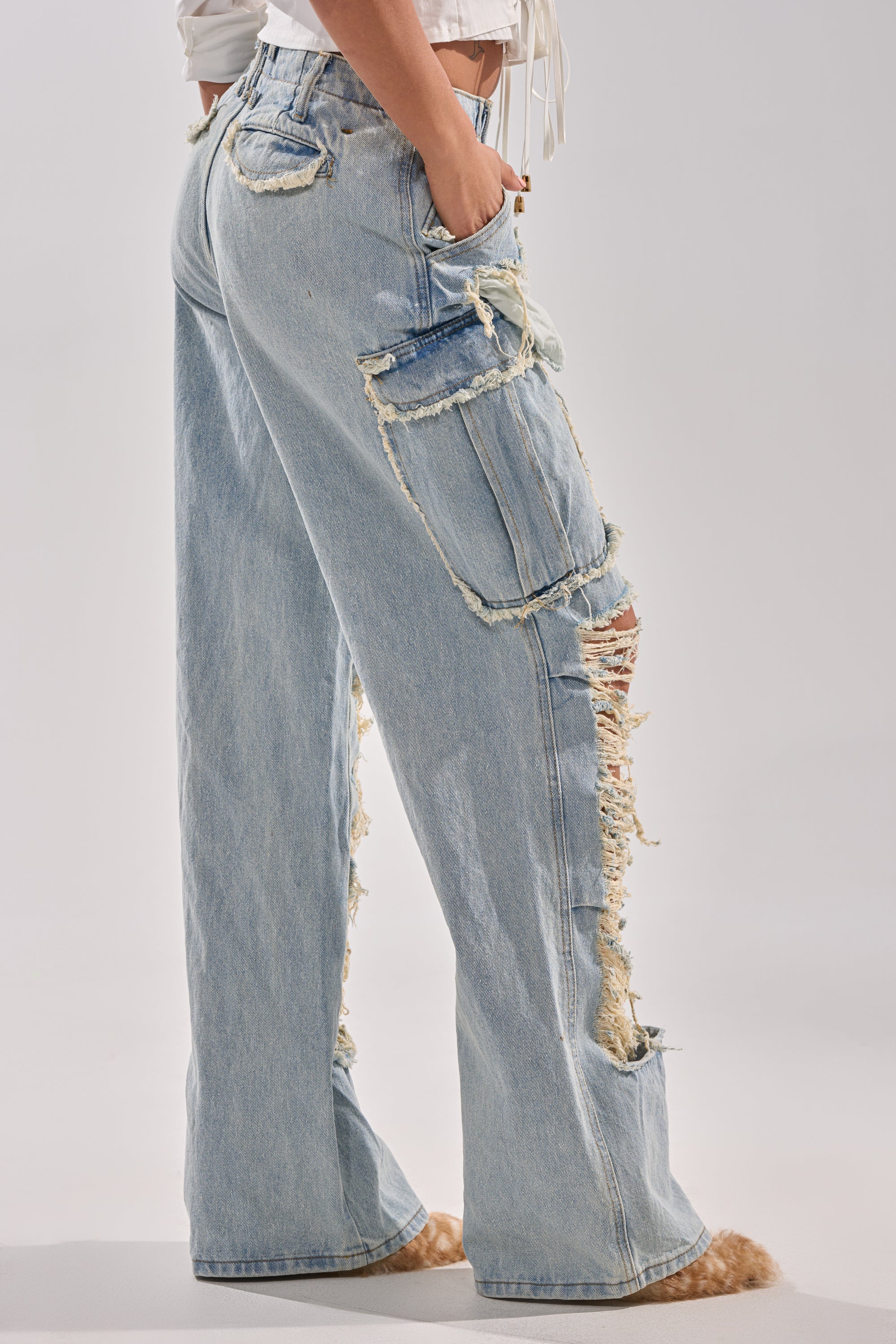 ALMA DISTRESSED DENIM CARGO PANTS