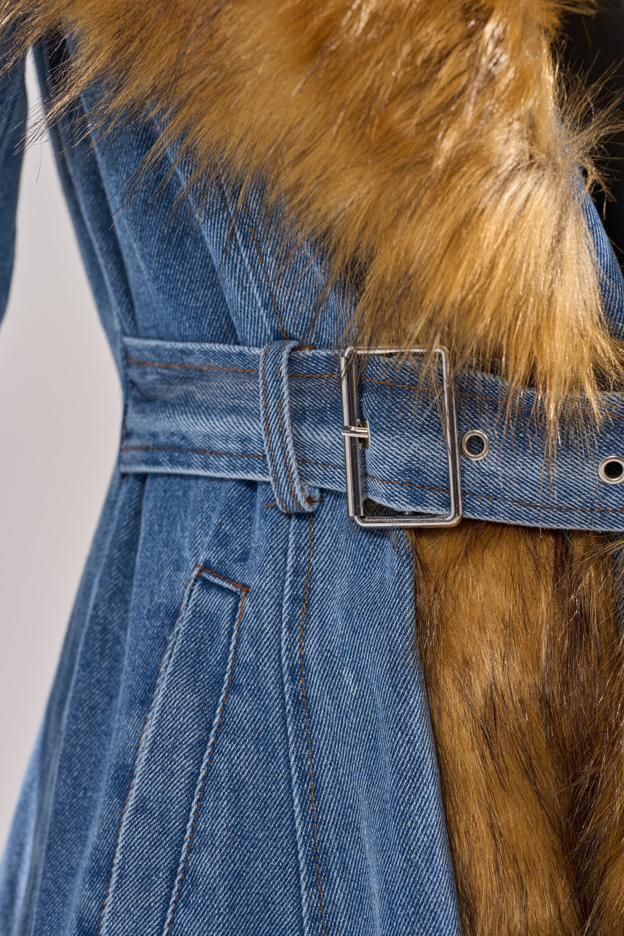 VIVIAN FUR TRIM TRENCH IN DENIM