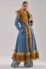 VIVIAN FUR TRIM TRENCH IN DENIM