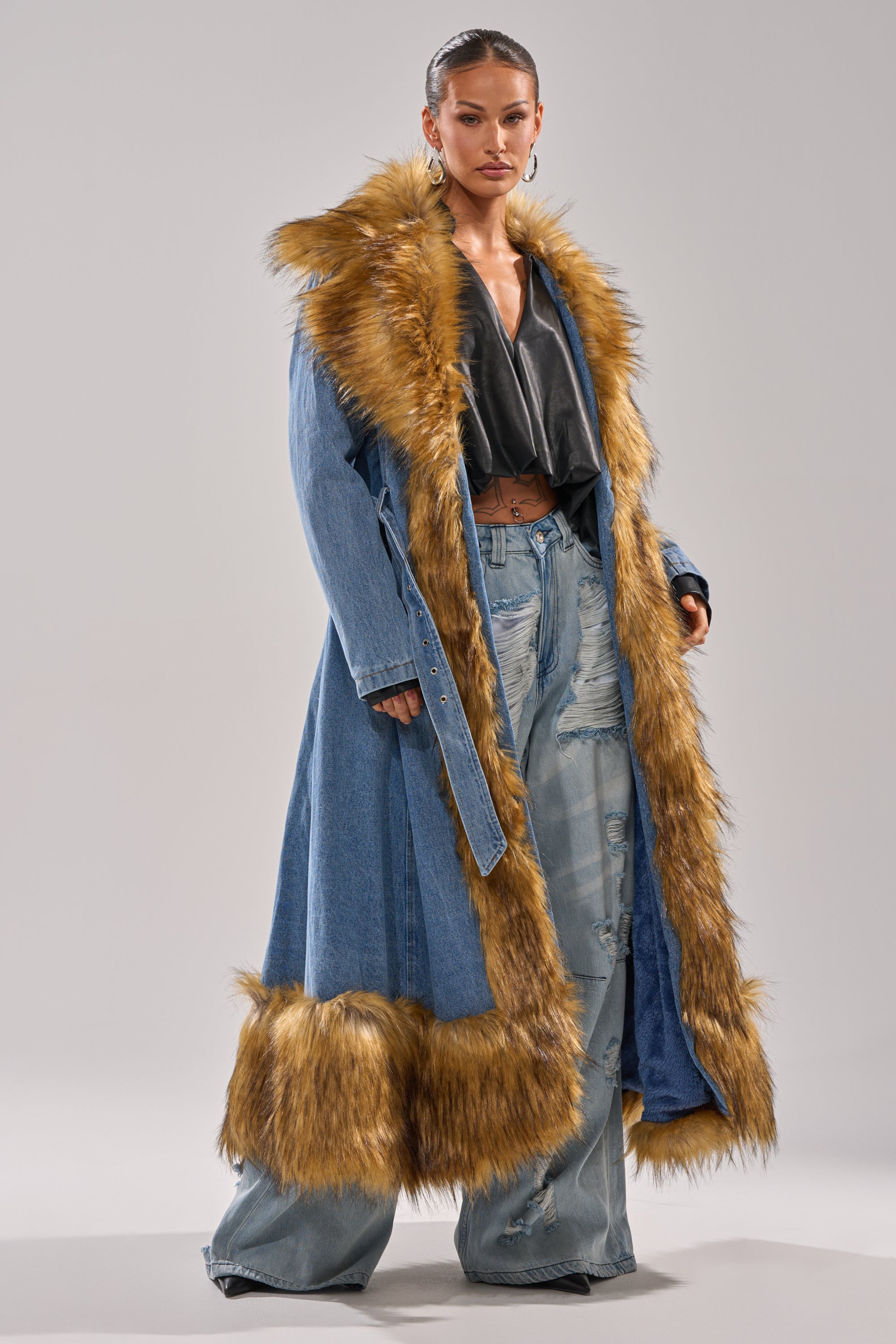 VIVIAN FUR TRIM TRENCH IN DENIM
