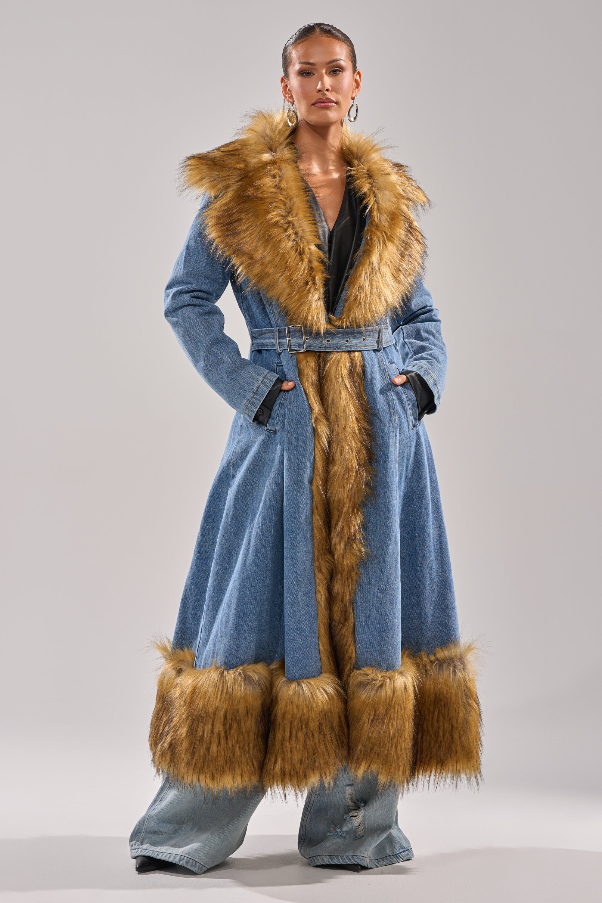 VIVIAN FUR TRIM TRENCH IN DENIM