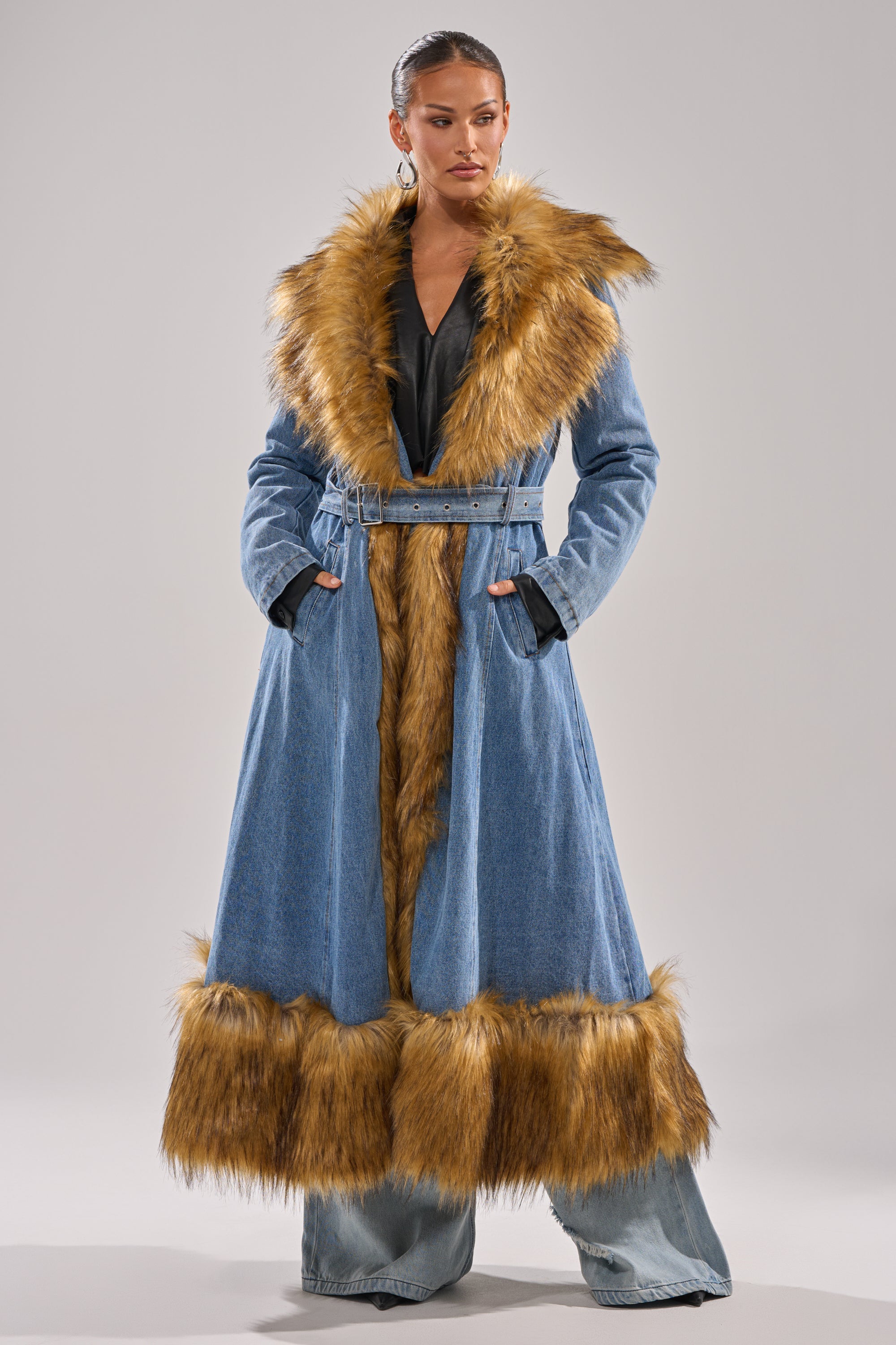 VIVIAN FUR TRIM TRENCH IN DENIM