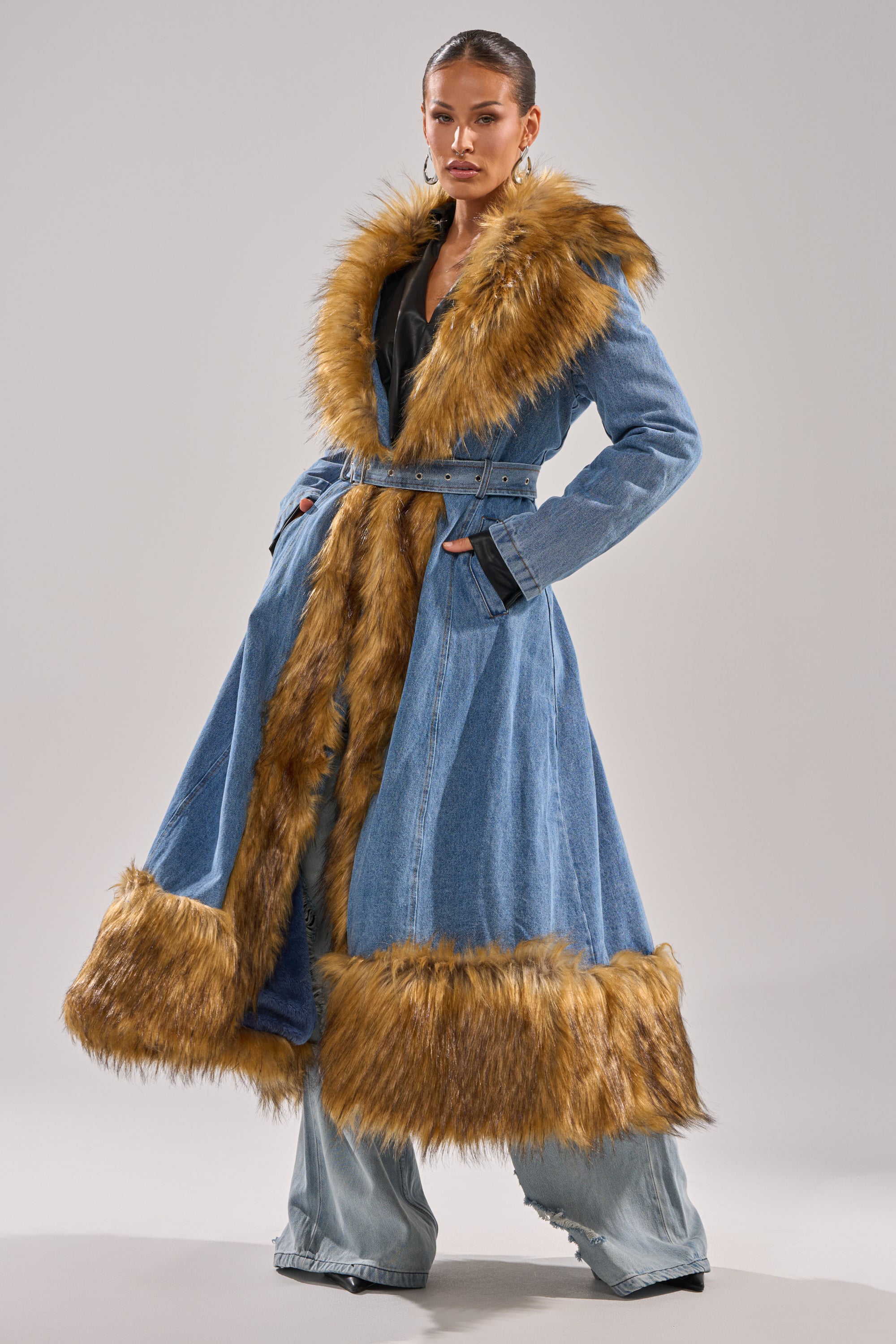 VIVIAN FUR TRIM TRENCH IN DENIM